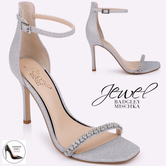 BADGLEY MISCHKA Adriane Glitter Stilettos Silver Dress High Heel Sandals Pumps 9 - Picture 1 of 10